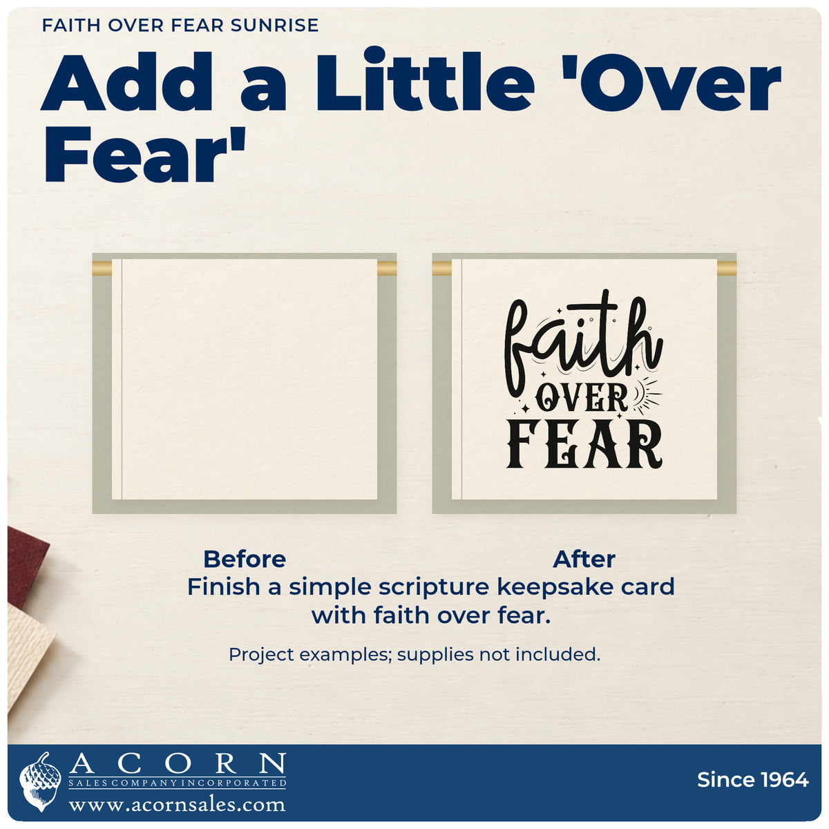 Before and after of a plain item finished with the Faith Over Fear Sunburst With Sparkles Premium Wooden Stamp - Vintage Pro, a quick upgrade for mission trip tags.