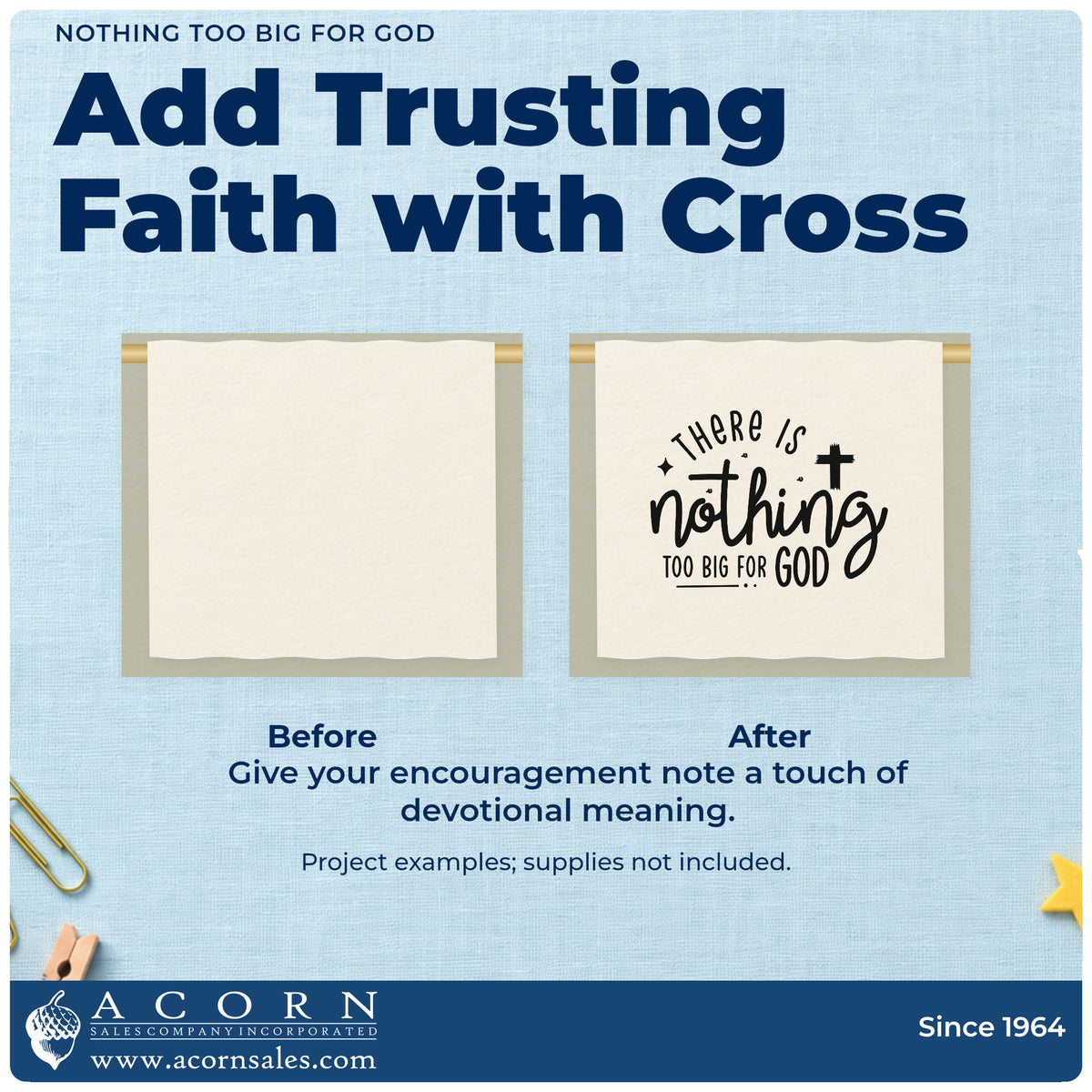 Before and after of a plain item finished with the There Is Nothing Too Big For God Premium Wooden Stamp - Vintage Pro, a quick upgrade for building campaign cards.