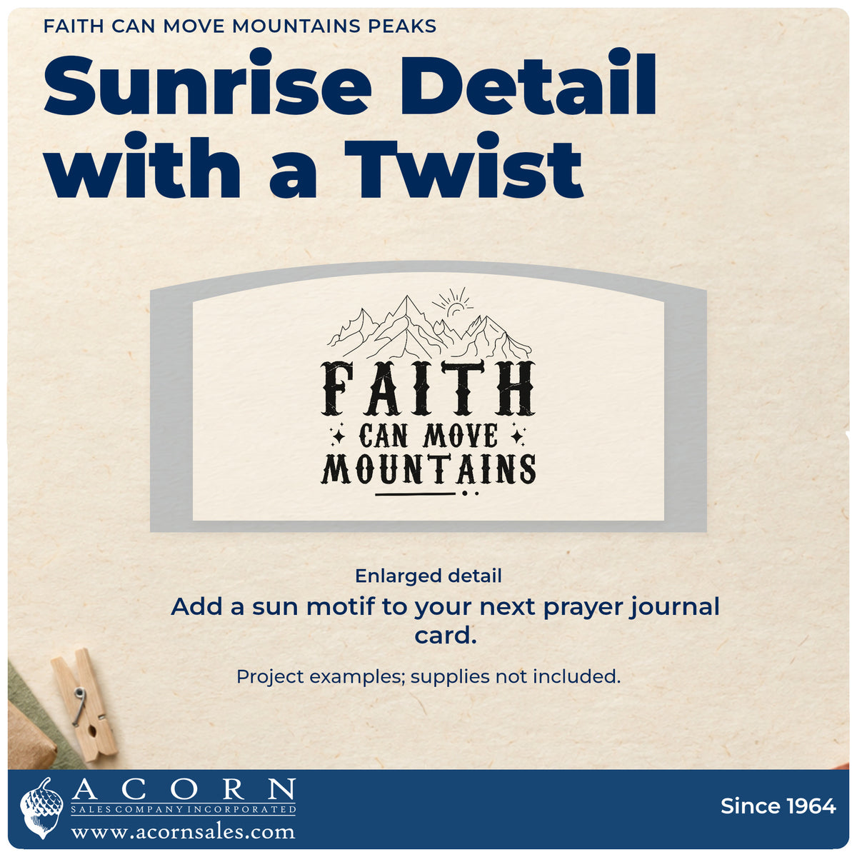 Enlarged detail of the Faith Can Move Mountains Peaks Sunrise Pre-Inked Stamp – Slim imprint. Outlined mountain peaks and a rising sun sit above bold "Faith can move mountains."
