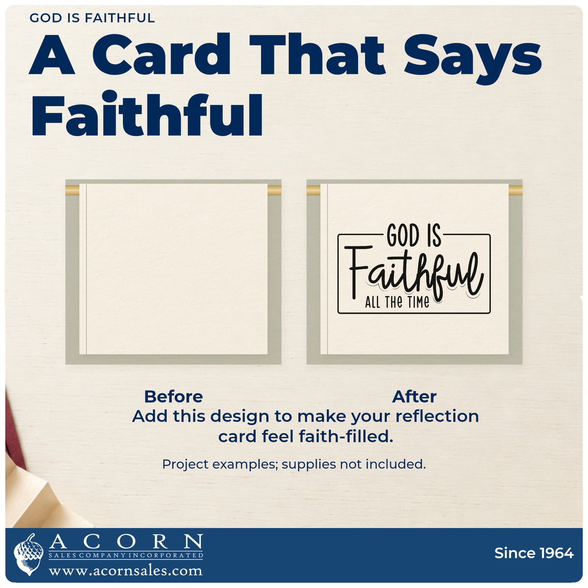 Before and after of a plain item finished with the God Is Faithful Rubber Stamp – Duo Hand, a quick upgrade for anniversary programs.