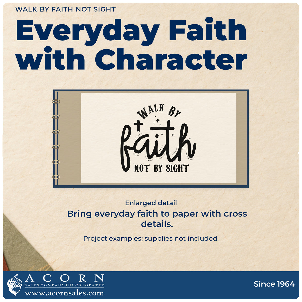 Enlarged detail of the Slim Pre-Inked Walk By Faith Not Sight Stamp imprint. Crosses and sparkles accent "Walk by faith, not by sight," emphasizing large "Faith" script.