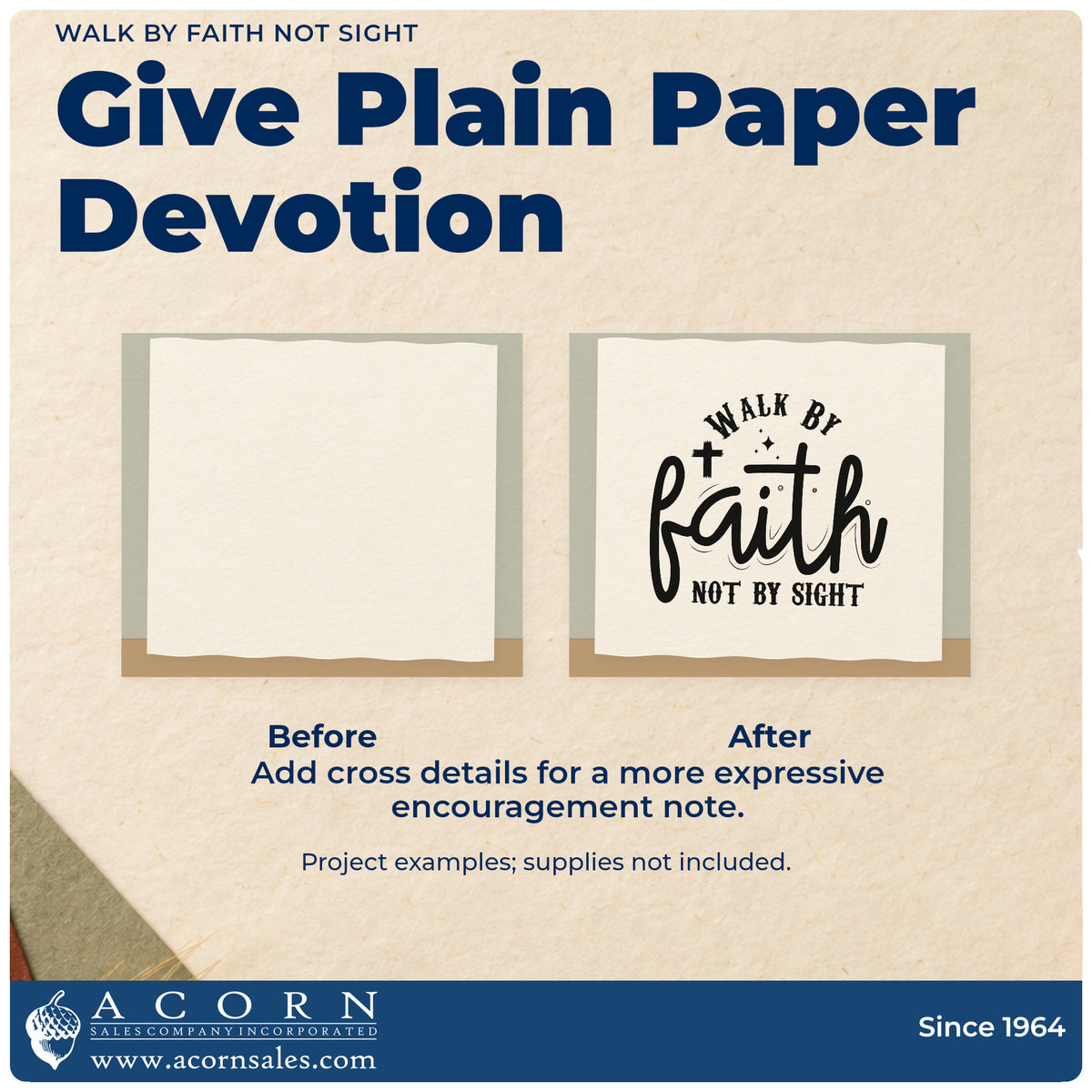 Before and after of a plain item finished with the Walk By Faith Not Sight Rubber Stamp – Duo Hand, a quick upgrade for hiking gift tags.