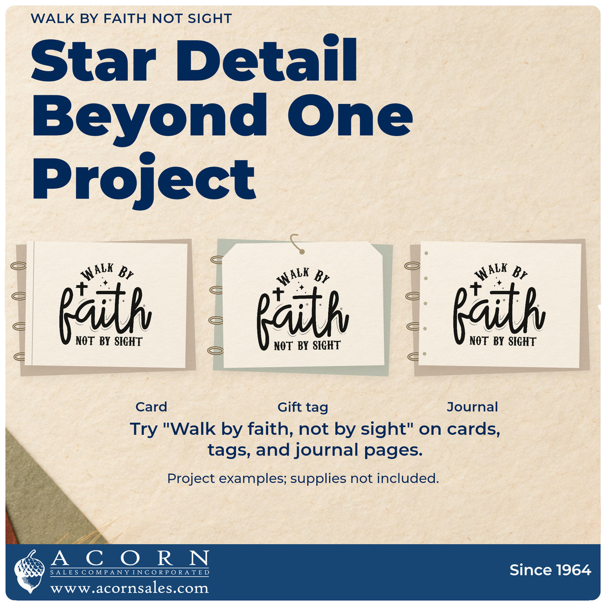 Three project examples made with the Slim Pre-Inked Walk By Faith Not Sight Stamp, including journey pages.