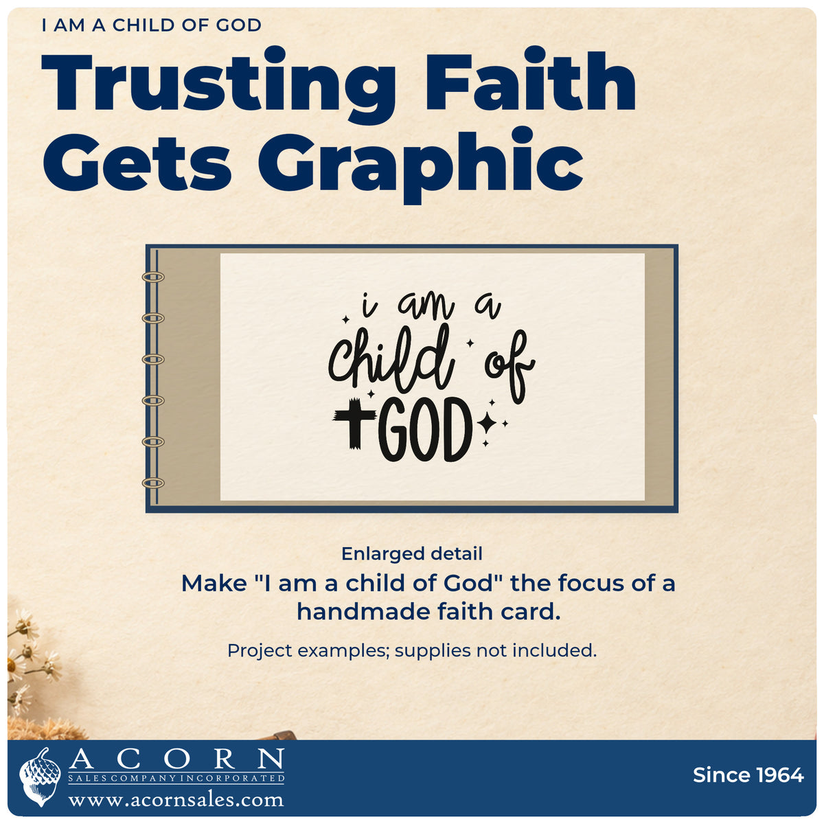Enlarged detail of the I Am A Child Of God With Cross Self-Inking Stamp imprint. A cross and sparkles accompany "I am a child of God" in mixed lettering.
