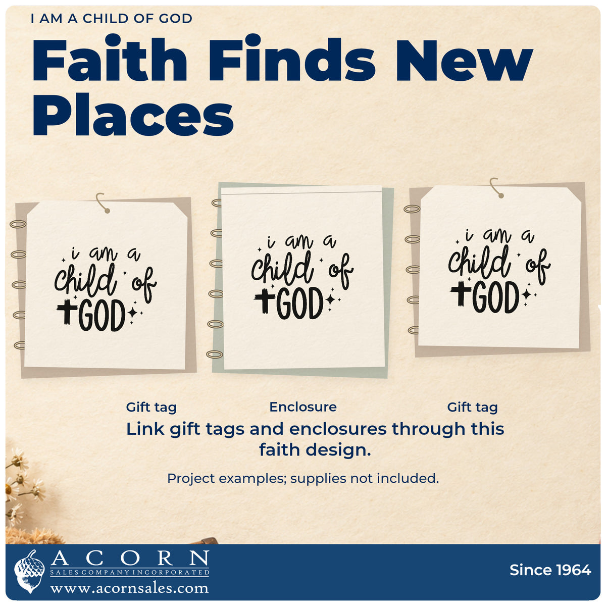 Three project examples made with the I Am A Child Of God With Cross Hand Stamp – Duo, including newborn pages.