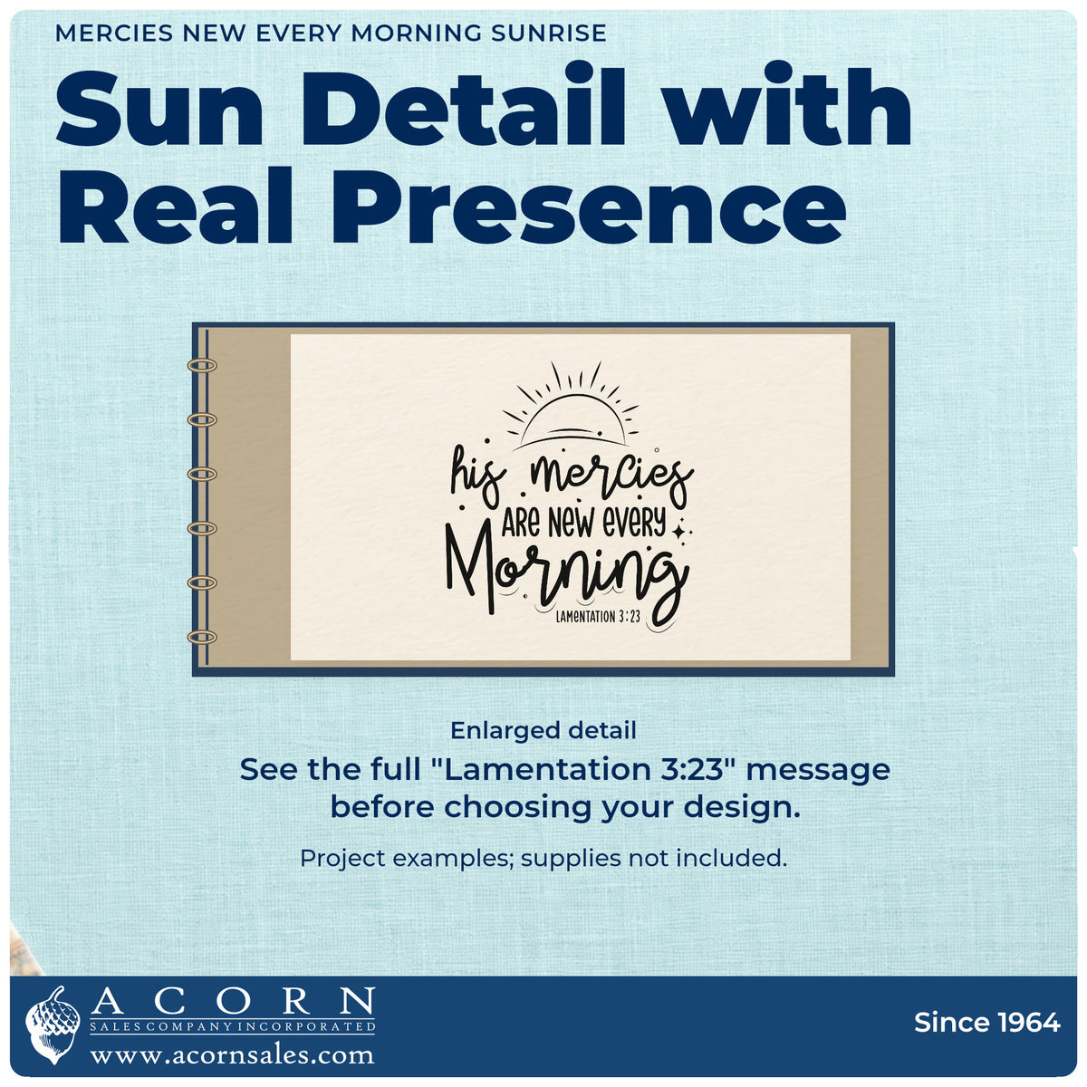 Enlarged detail of the Self-Inking New Morning Mercies Rising Sun Stamp imprint. A rising sun tops "His mercies are new every morning," with the printed reference "Lamentation 3:23."