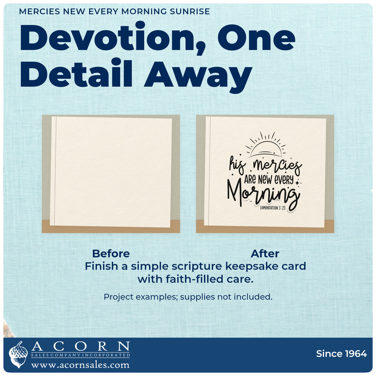 Before and after of a plain item finished with the Self-Inking New Morning Mercies Rising Sun Stamp, a quick upgrade for recovery milestones.
