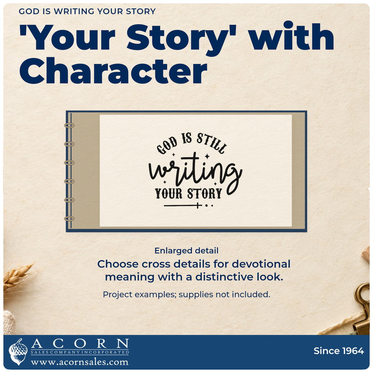 Enlarged detail of the God Is Writing Your Story With Cross Rubber Stamp – Duo Hand imprint. Arched "God is still" sits above large "Writing" script and "Your story," with small cross accents.