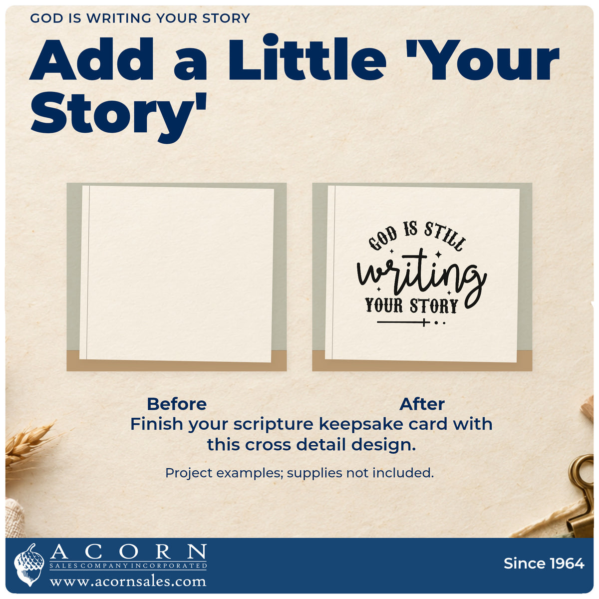 Before and after of a plain item finished with the God Is Writing Your Story With Cross Rubber Stamp – Duo Hand, a quick upgrade for book club gifts.