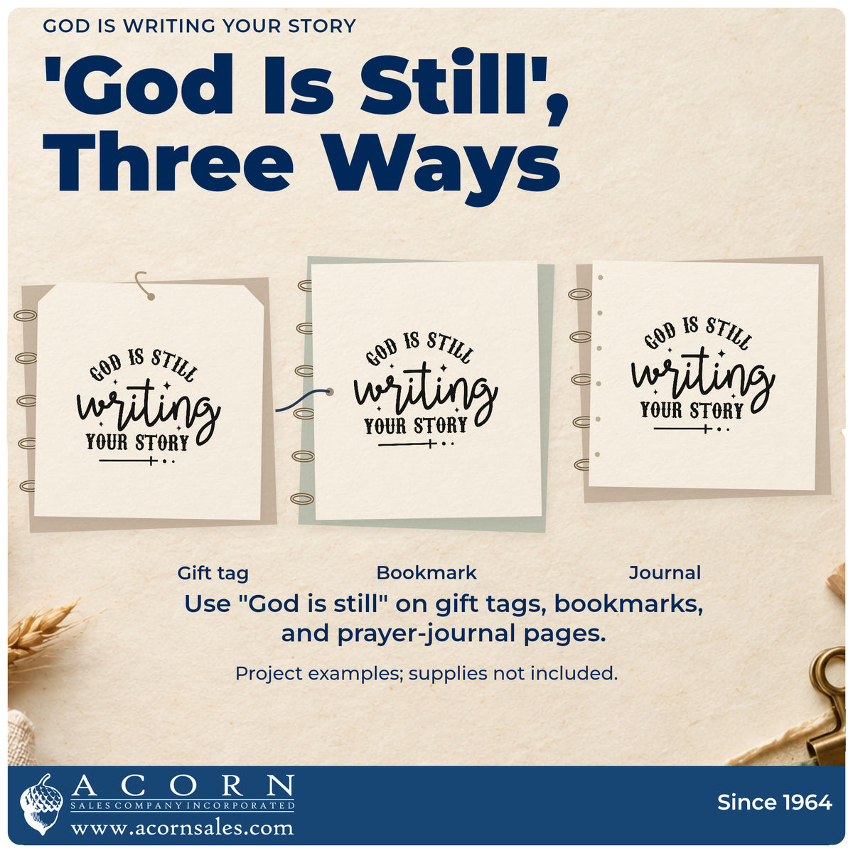 Three project examples made with the God Is Writing Your Story With Cross Rubber Stamp – Duo Hand, including life chapter pages.