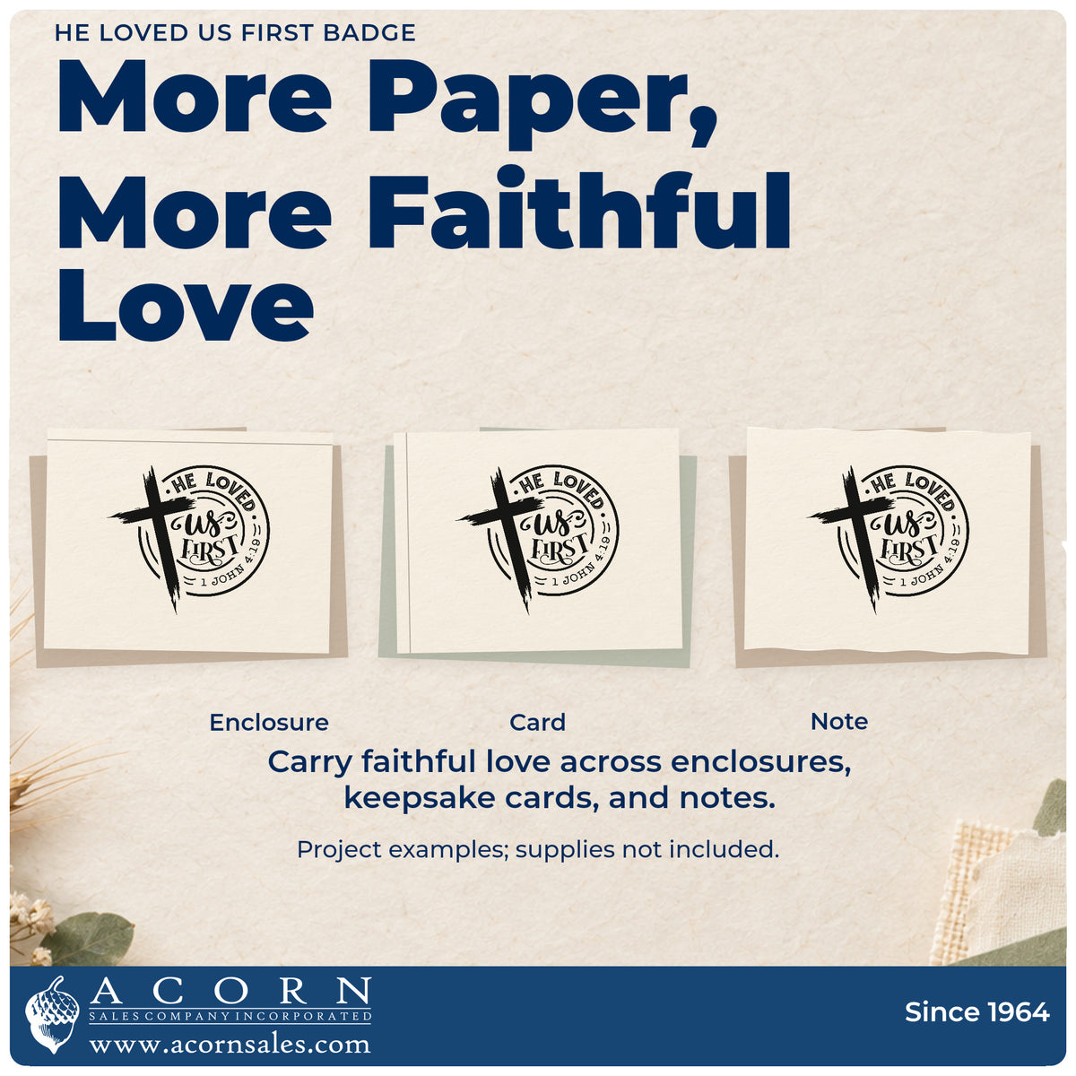 Three project examples made with the He Loved Us First Badge Wood Handle Stamp, including devotional journals.