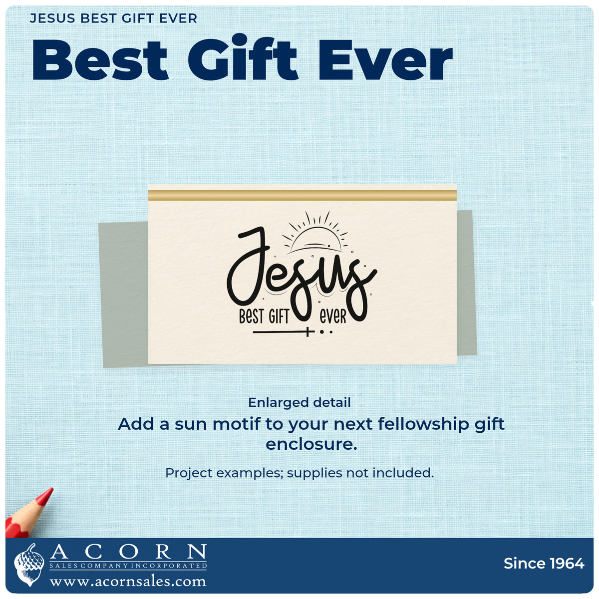 Enlarged detail of the Jesus Best Gift Ever Sunrise Stamp – Self-Inking imprint. A rising sun tops large "Jesus" script above "Best gift ever."