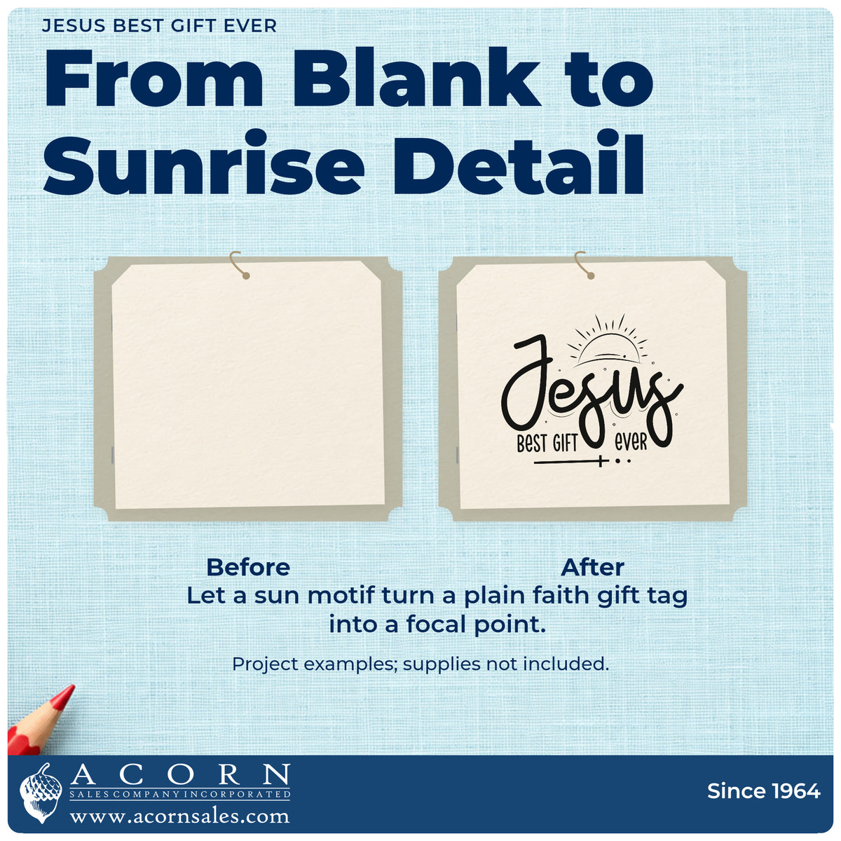 Before and after of a plain item finished with the Jesus Best Gift Ever Sunrise Stamp – Self-Inking, a quick upgrade for wrapping paper.