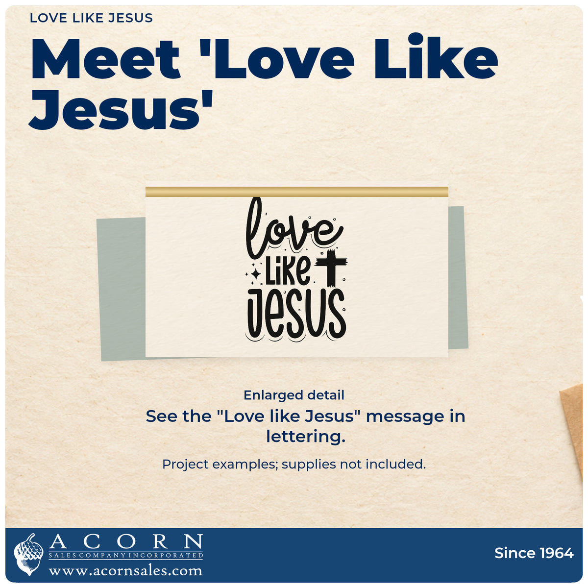 Enlarged detail of the Premium Wooden Love Like Jesus Cross Accent Stamp - Vintage Pro imprint. A cross and sparkles accent stacked "Love like Jesus" lettering.