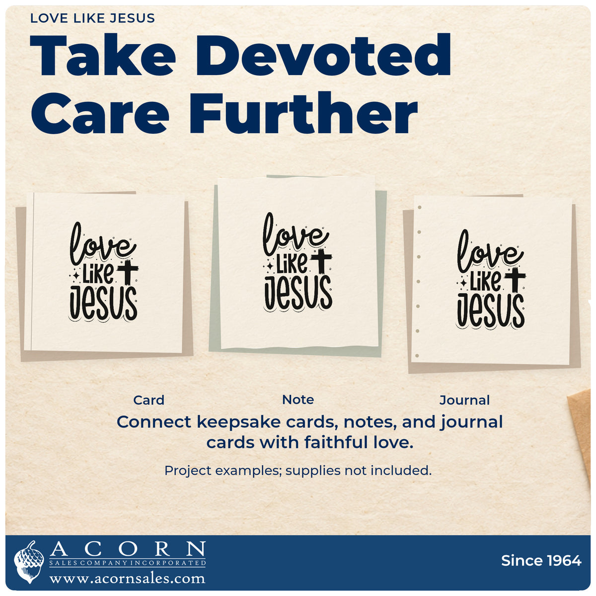 Three project examples made with the Love Like Jesus Cross Accent Pre-Inked Stamp – Slim, including service project pages.