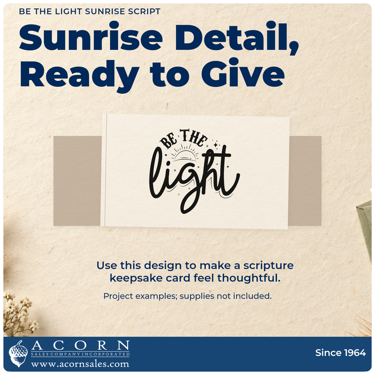 A finished handmade project stamped with the Be The Light Sunrise Script Lettering Rubber Stamp – Wood Handle, ideal for teacher gift tags.
