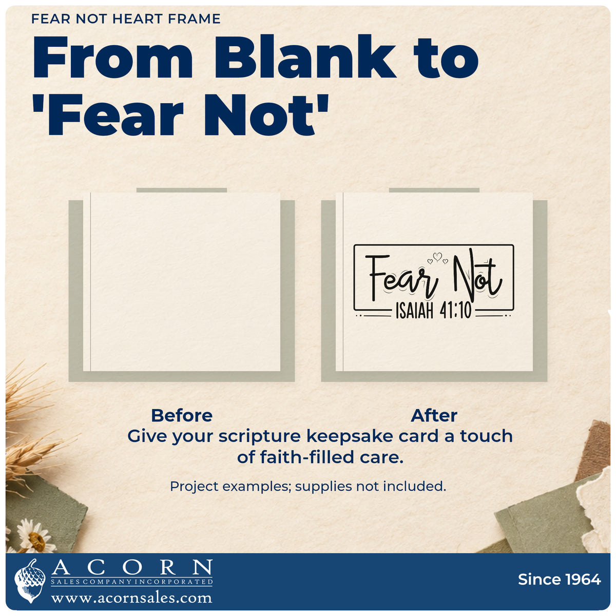 Before and after of a plain item finished with the Vintage Pro Fear Not Heart Frame Premium Wooden Stamp, a quick upgrade for hospital room signs.