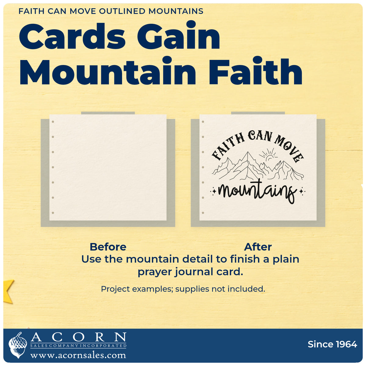 Before and after of a plain item finished with the Faith Can Move Outlined Mountains Script Lettering Hand Stamp – Duo, a quick upgrade for retreat name badges.