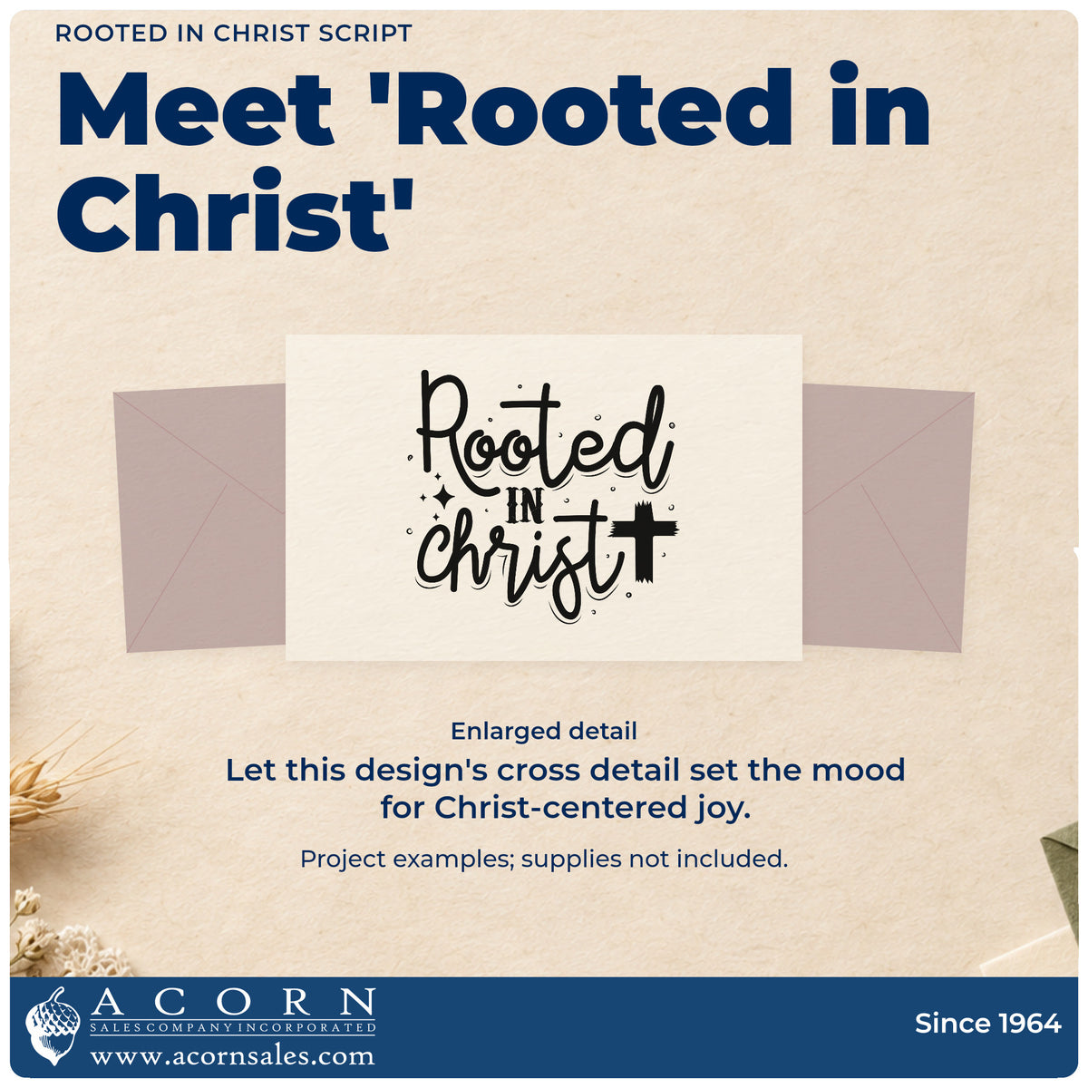 Enlarged detail of the Rooted In Christ Script Rubber Stamp – Wood Handle imprint. Large flowing lettering reads "Rooted in Christ," with a cross and sparkles.