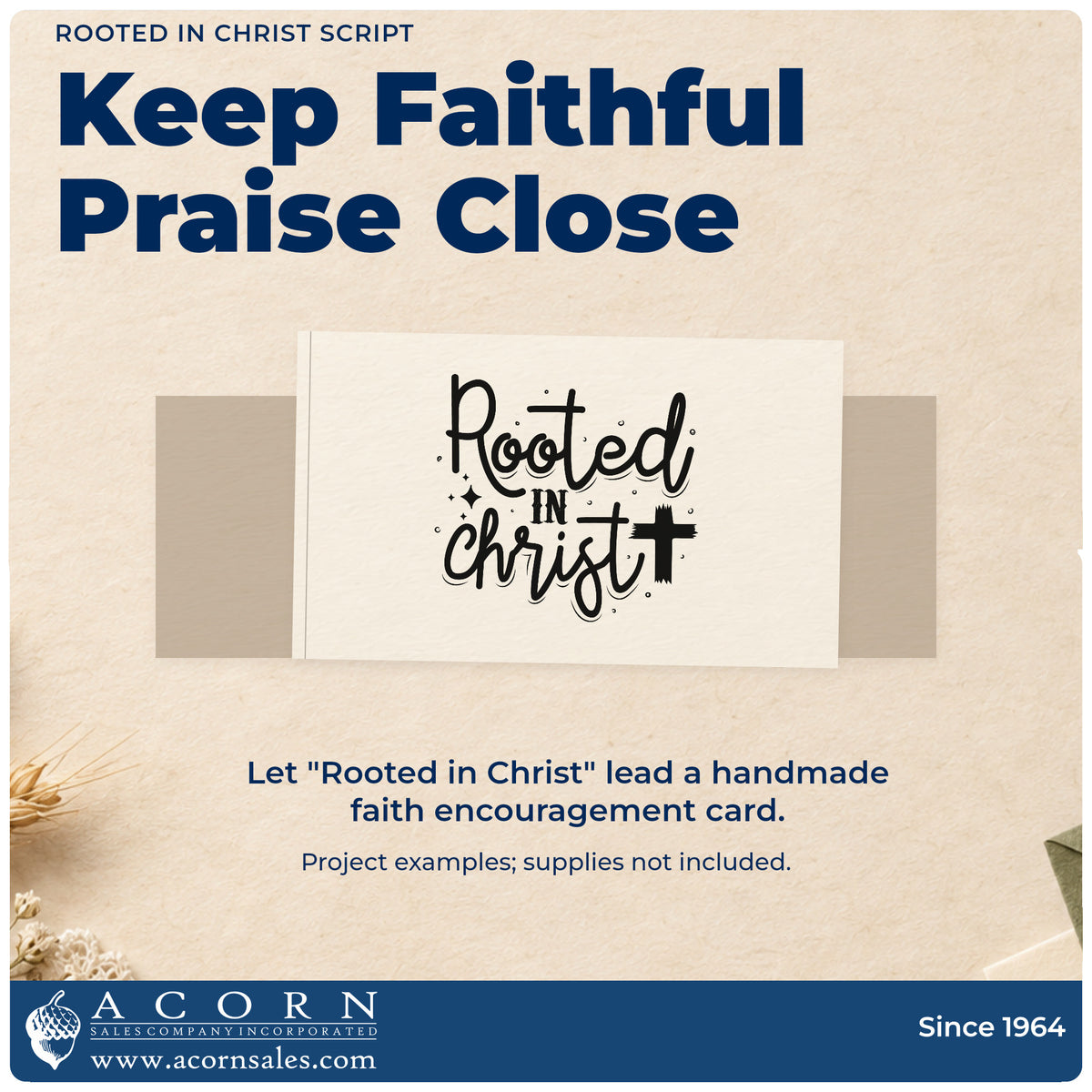 A finished handmade project stamped with the Rooted In Christ Script Rubber Stamp – Wood Handle, ideal for plant gift tags.