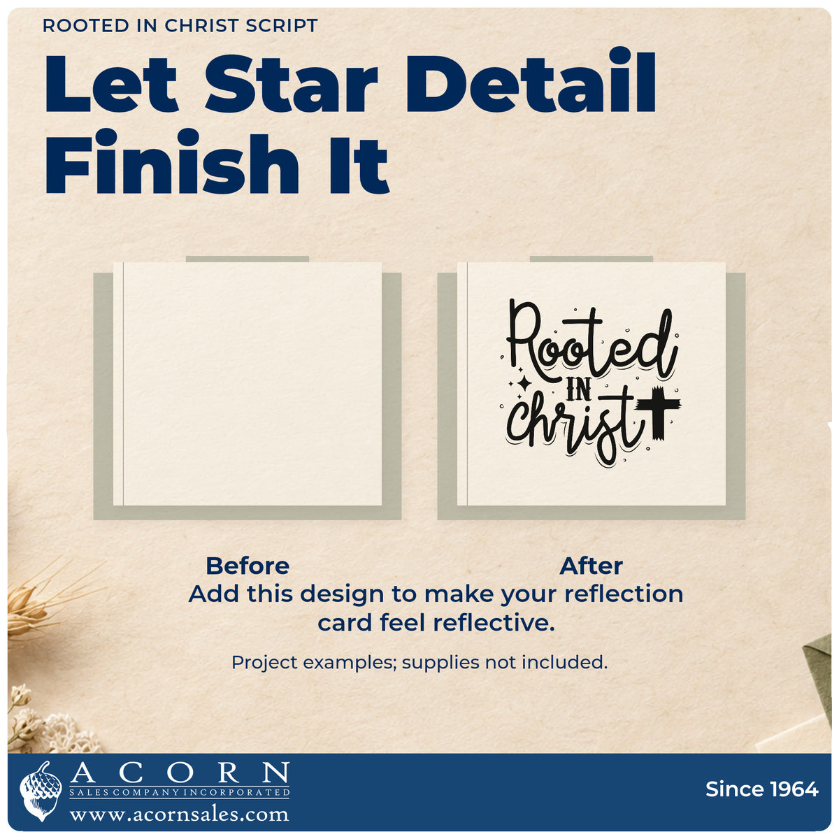 Before and after of a plain item finished with the Rooted In Christ Script Rubber Stamp – Wood Handle, a quick upgrade for nursery shop seals.