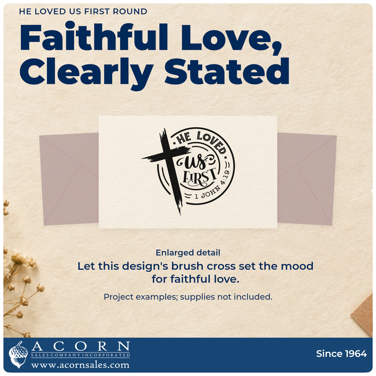 Enlarged detail of the He Loved Us First Round Brushstroke Cross Stamp - Premium Vintage Pro Wooden imprint. A brushstroke cross overlaps a round "He loved us first" badge with 1 John 4:19.