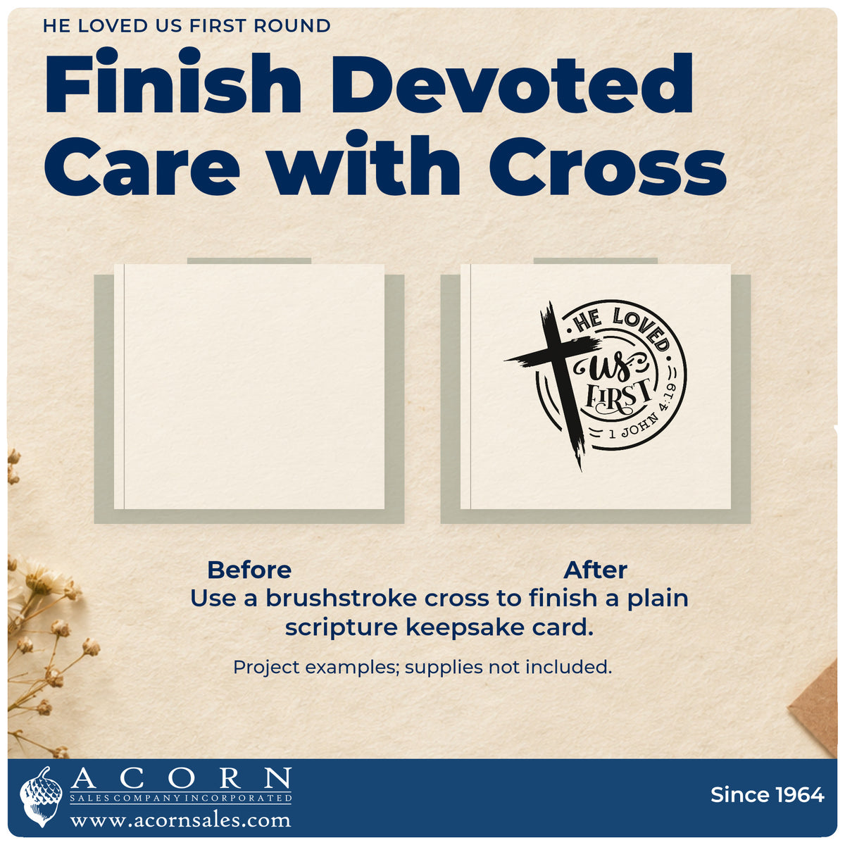 Before and after of a plain item finished with the Wood Handle He Loved Us First Round Brushstroke Cross Rubber Stamp, a quick upgrade for ornament crafts.