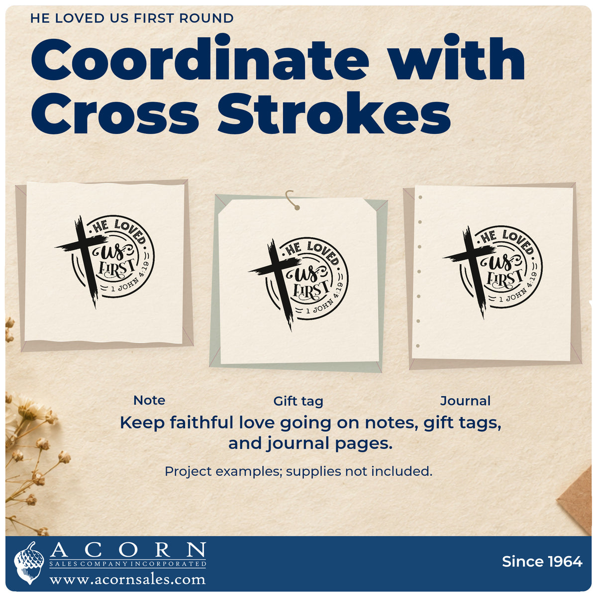 Three project examples made with the He Loved Us First Round Brushstroke Cross Stamp - Premium Vintage Pro Wooden, including jar lid toppers.