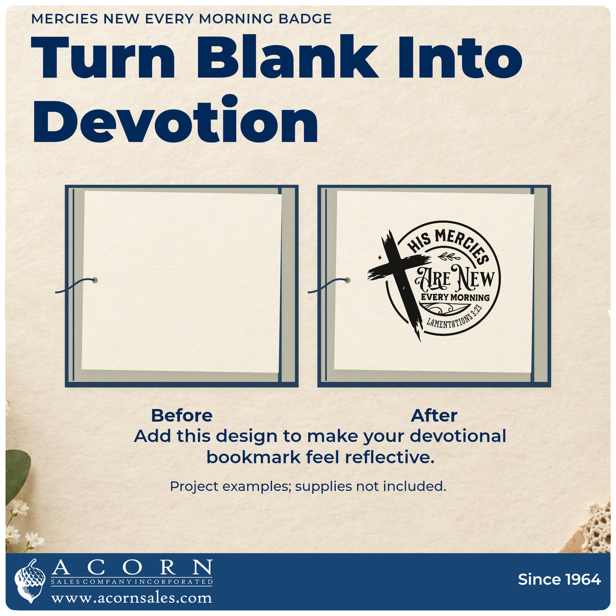 Before and after of a plain item finished with the His Mercies Are New Every Morning Rubber Stamp – Duo Hand, a quick upgrade for alarm clock labels.