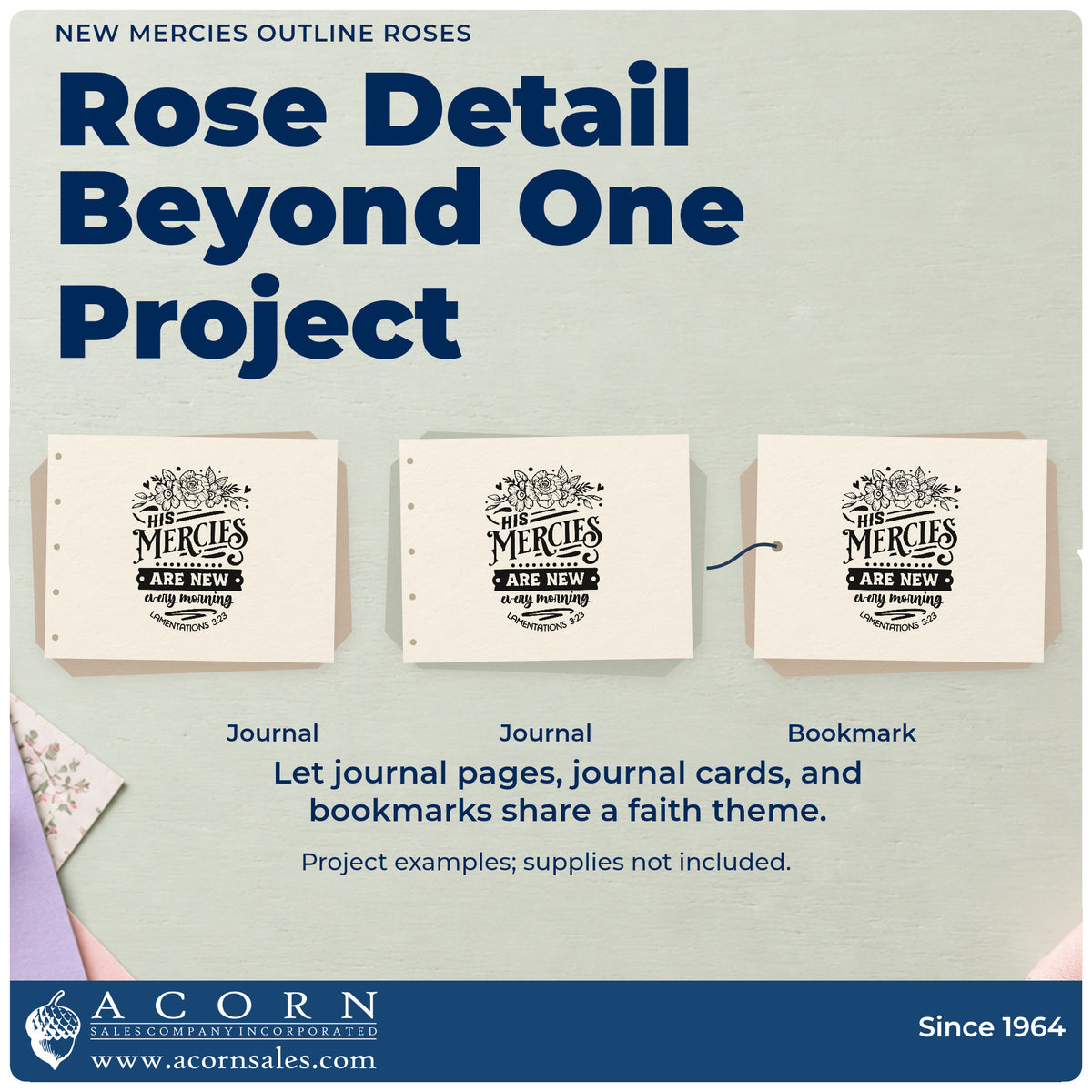 Three project examples made with the New Mercies Outline Roses Compact Pre-Inked Stamp – Slim, including recipe card borders.