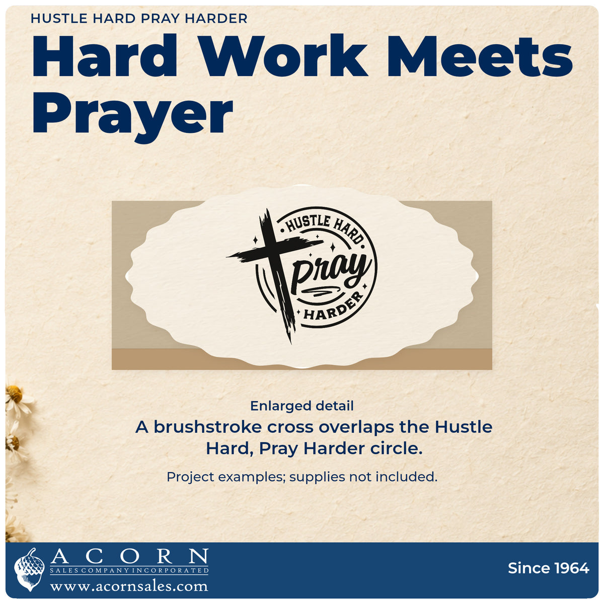 Enlarged detail of the Hustle Hard, Pray Harder Brushstroke Cross Premium Wooden Stamp - Vintage Pro imprint. A brushstroke cross overlaps a circular "Hustle hard, pray harder" design.