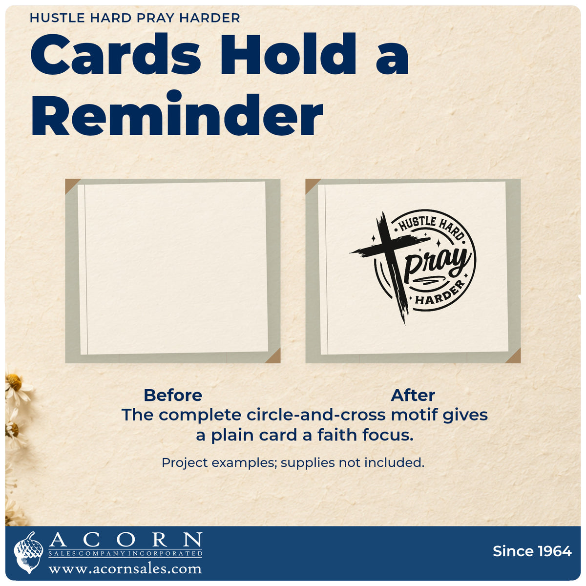 Before and after of a plain item finished with the Hustle Hard, Pray Harder Brushstroke Cross Premium Wooden Stamp - Vintage Pro, a quick upgrade for side hustle labels.