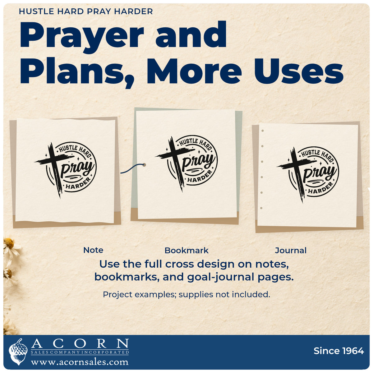 Three project examples made with the Hustle Hard, Pray Harder Brushstroke Cross Premium Wooden Stamp - Vintage Pro, including goal planner pages.