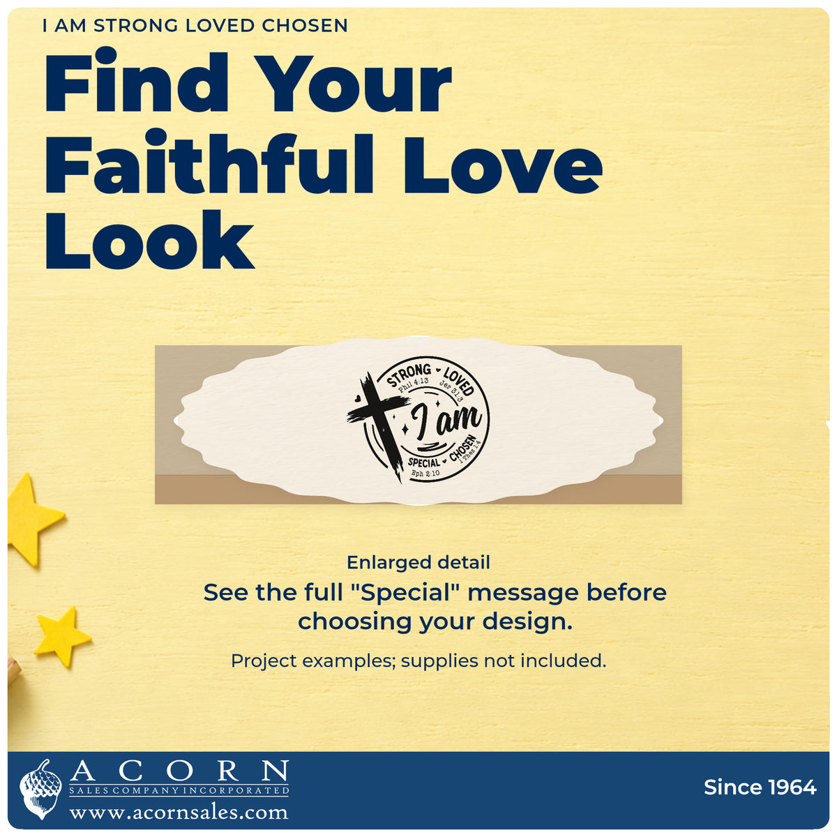 Enlarged detail of the Slim Pre-Inked I Am Strong Loved Chosen Stamp imprint. A brushstroke cross overlaps an "I am" badge bordered by "Strong," "Loved," "Special," and "Chosen," with Phil 4:13, Jer 31:3, Eph 2:10, and 1 Thes 1:4.