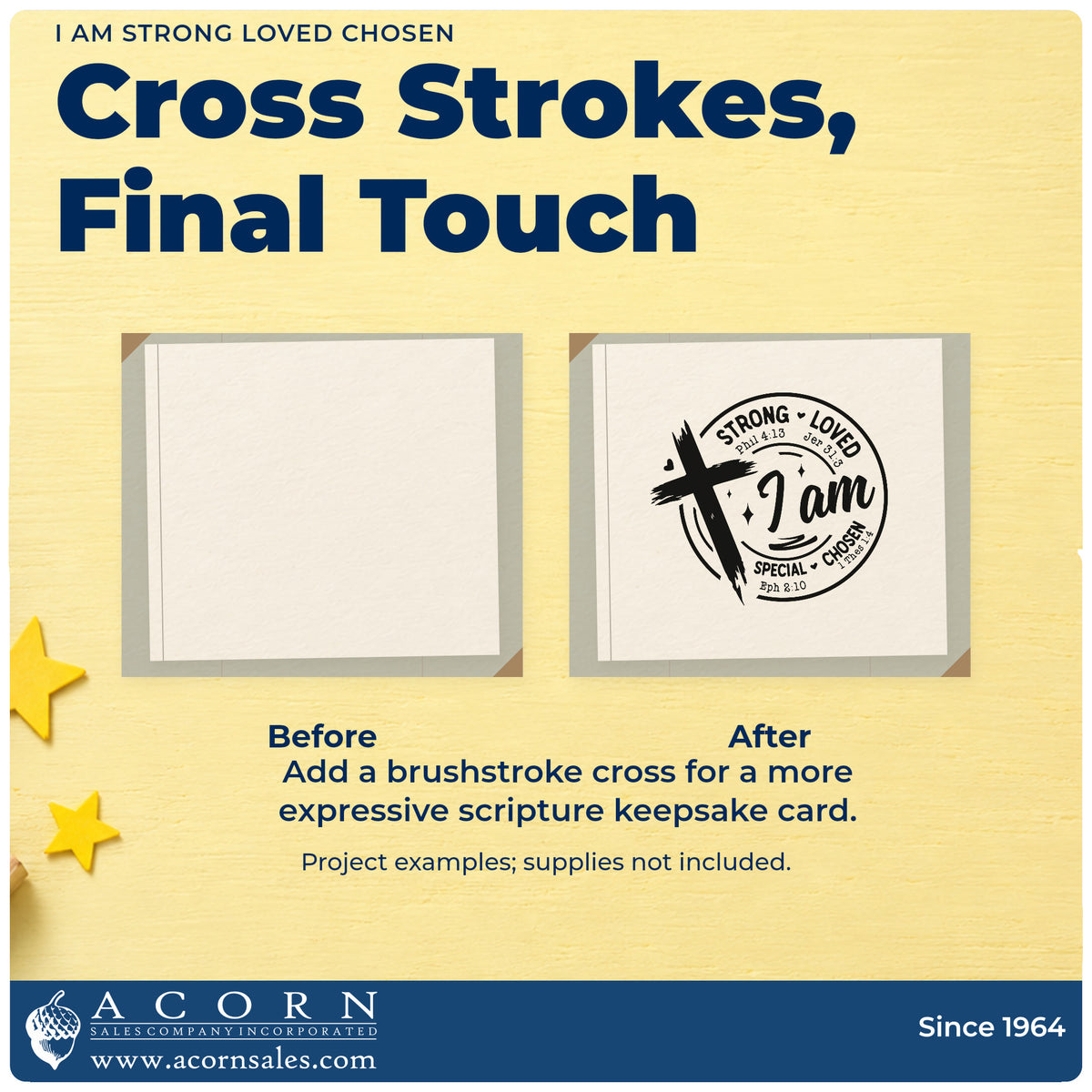 Before and after of a plain item finished with the Slim Pre-Inked I Am Strong Loved Chosen Stamp, a quick upgrade for locker magnet cards.