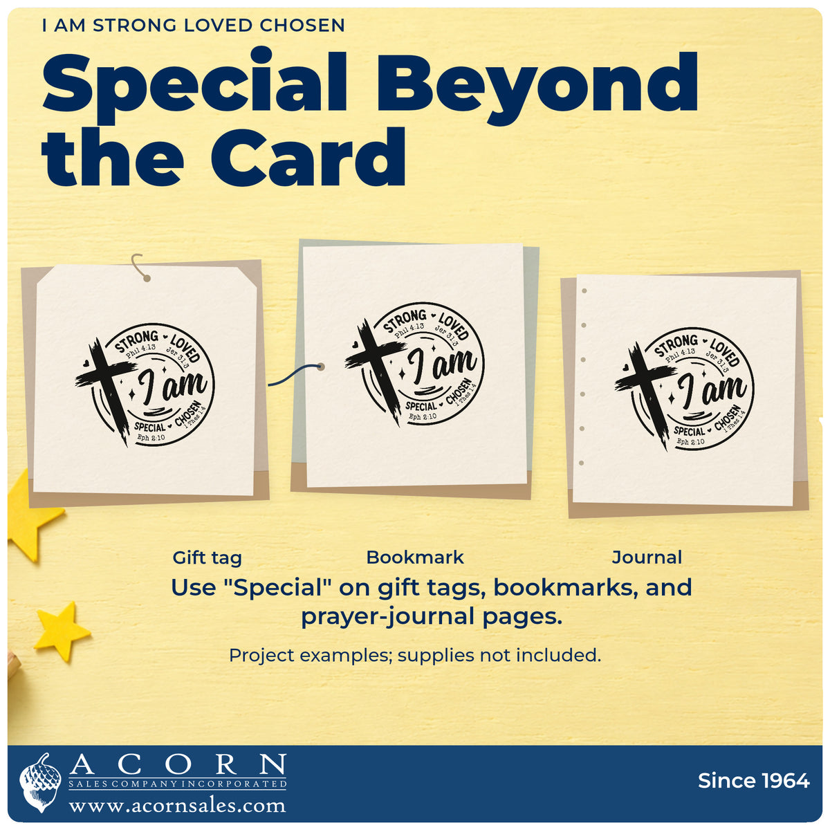 Three project examples made with the I Am Strong Loved Chosen Rubber Stamp – Duo Hand, including adoption day pages.