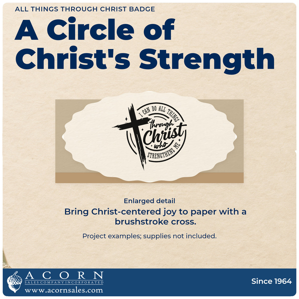 Enlarged detail of the All Things Through Christ Badge Pre-Inked Stamp – PSI imprint. A brushstroke cross overlaps a circular "I can do all things through Christ who strengthens me" design.
