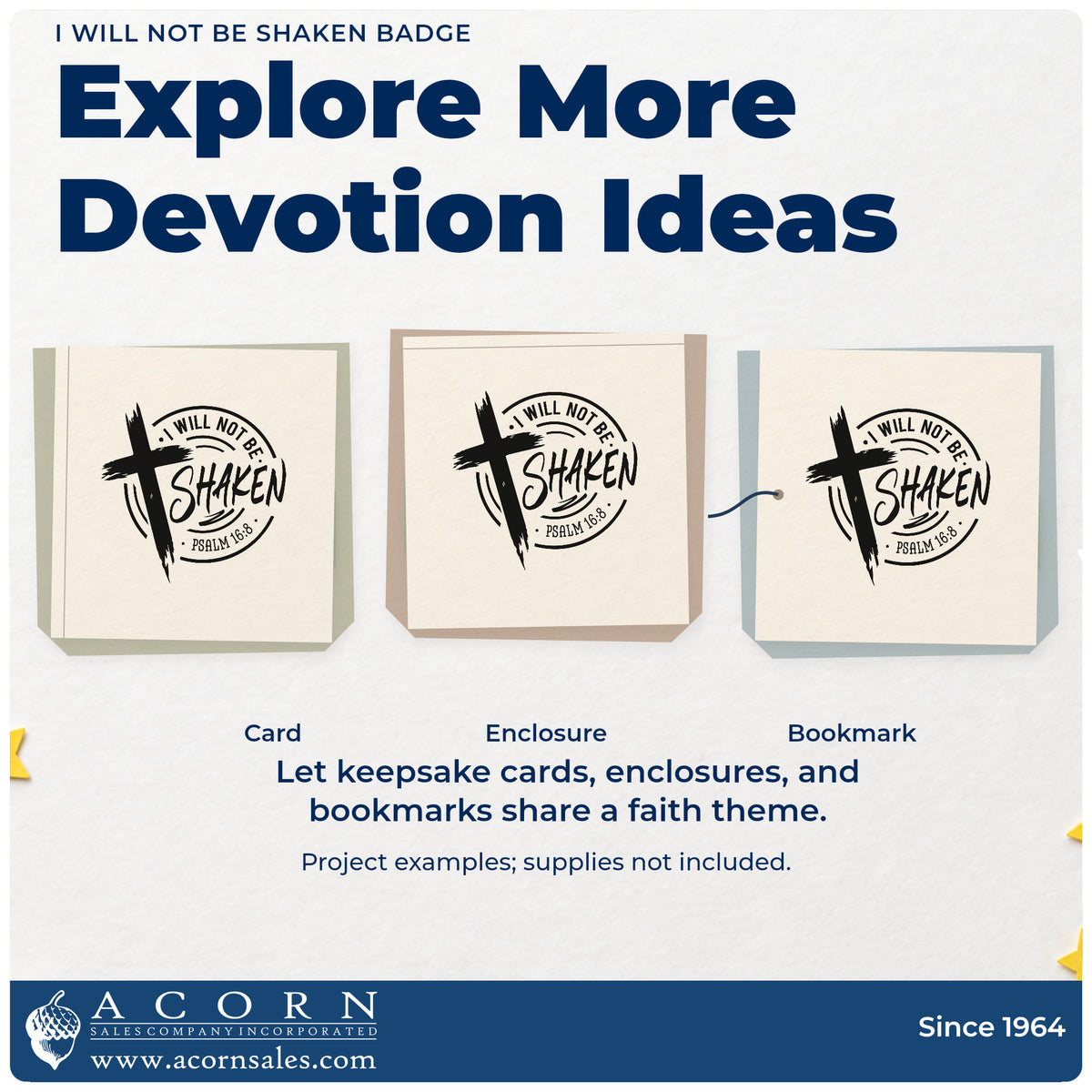 Three project examples made with the I Will Not Be Shaken Badge Self-Inking Stamp, including testimony pages.