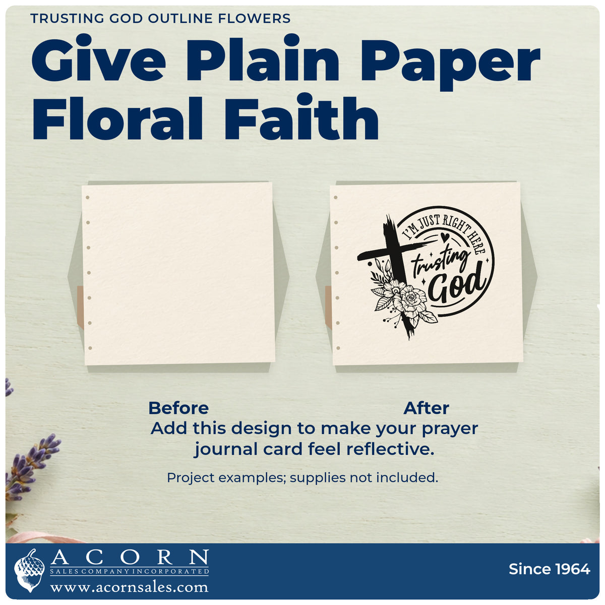 Before and after of a plain item finished with the I'm Just Right Here Trusting God Premium Wooden Stamp - Vintage Pro, a quick upgrade for garden apron pockets.