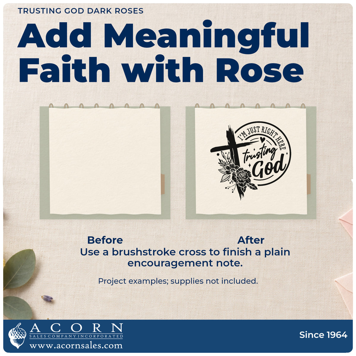 Before and after of a plain item finished with the Trusting God Solid Roses Brushstroke Cross Rubber Stamp – Wood Handle, a quick upgrade for caregiver day totes.