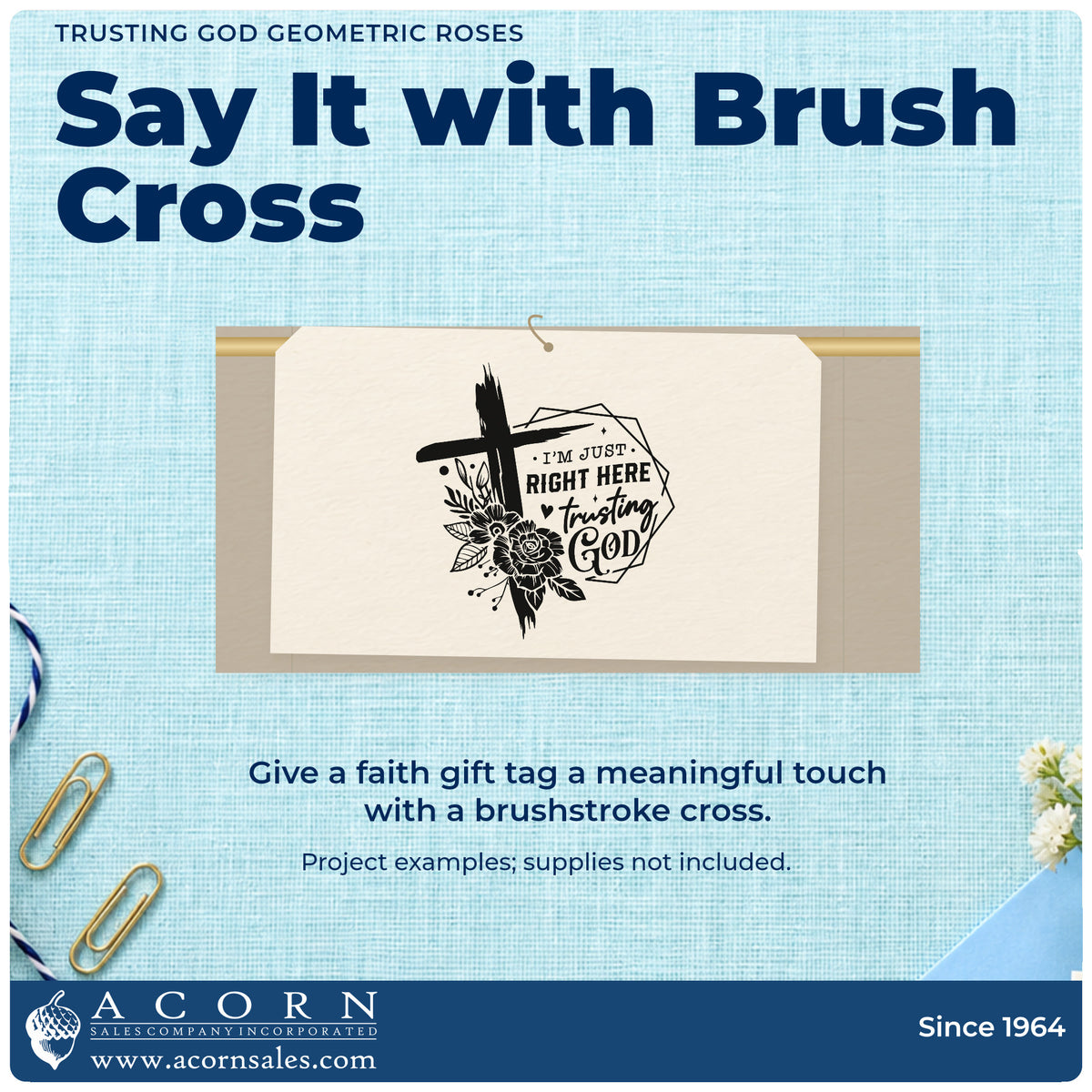 A finished handmade project stamped with the Trusting God Geometric Roses Brushstroke Cross Wood-Mounted Rubber Stamp, ideal for milestone gift tags.