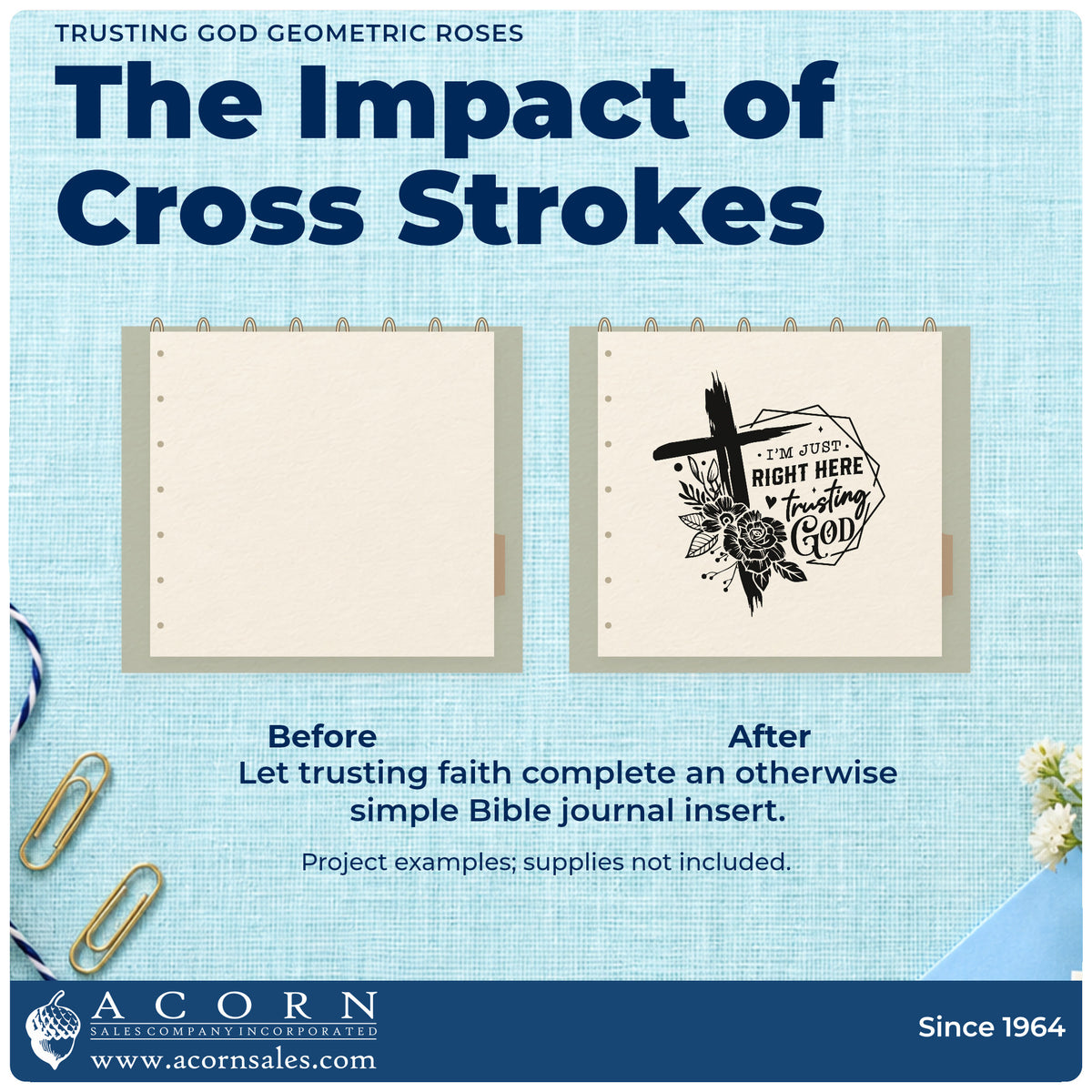 Before and after of a plain item finished with the Trusting God Geometric Roses Brushstroke Cross Hand Stamp – Duo, a quick upgrade for spa gift set labels.