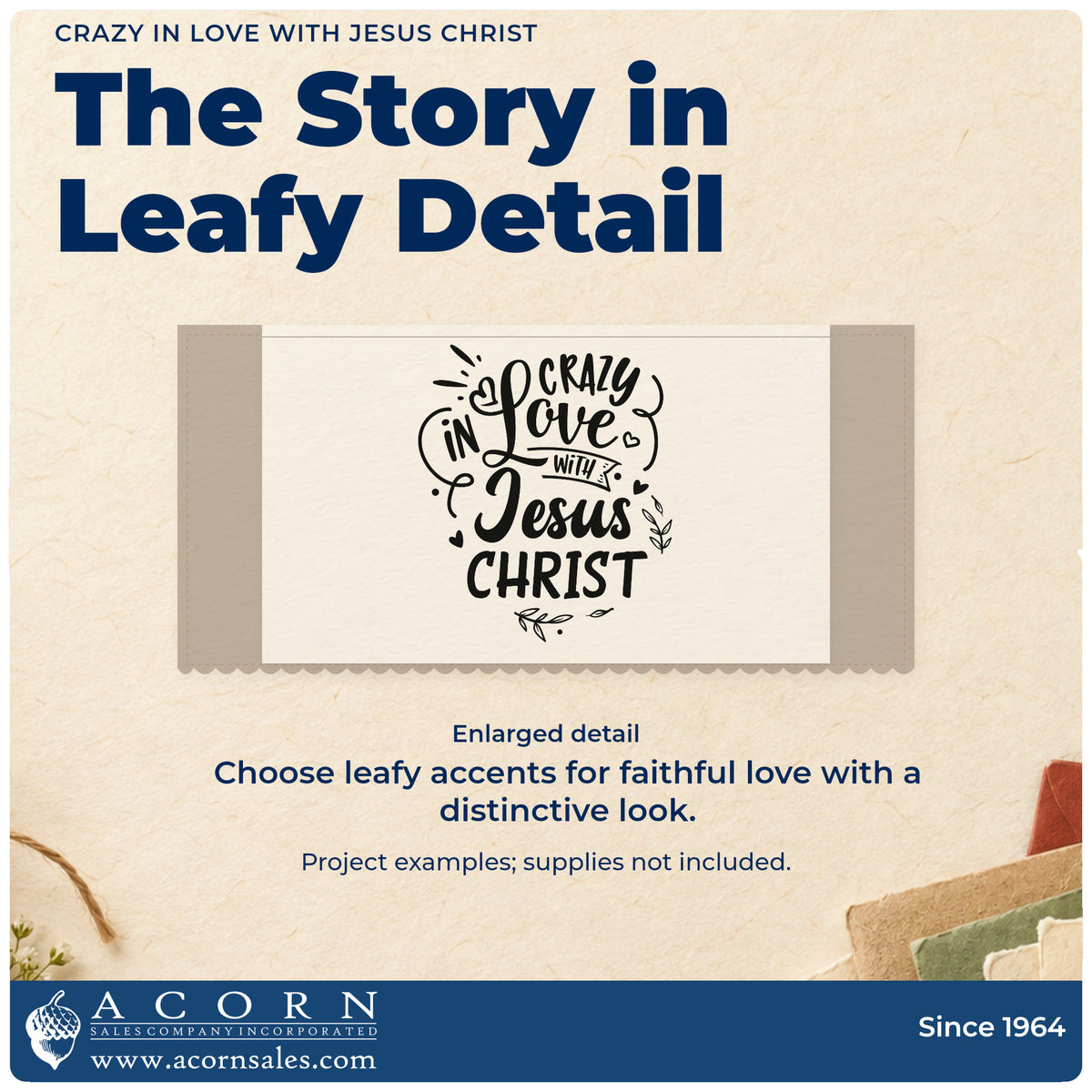 Enlarged detail of the Crazy In Love With Jesus Christ Rubber Stamp – Wood Handle imprint. Hearts, leaves, and a small ribbon accent "Crazy in love with Jesus Christ."