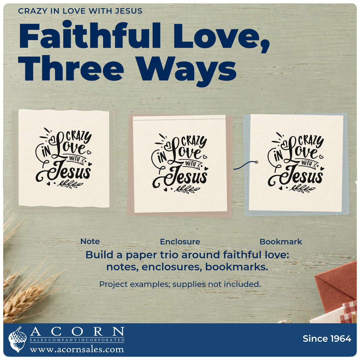 Three project examples made with the Crazy In Love With Jesus Leaf Accents Pre-Inked Stamp – Slim, including wedding napkin corners.