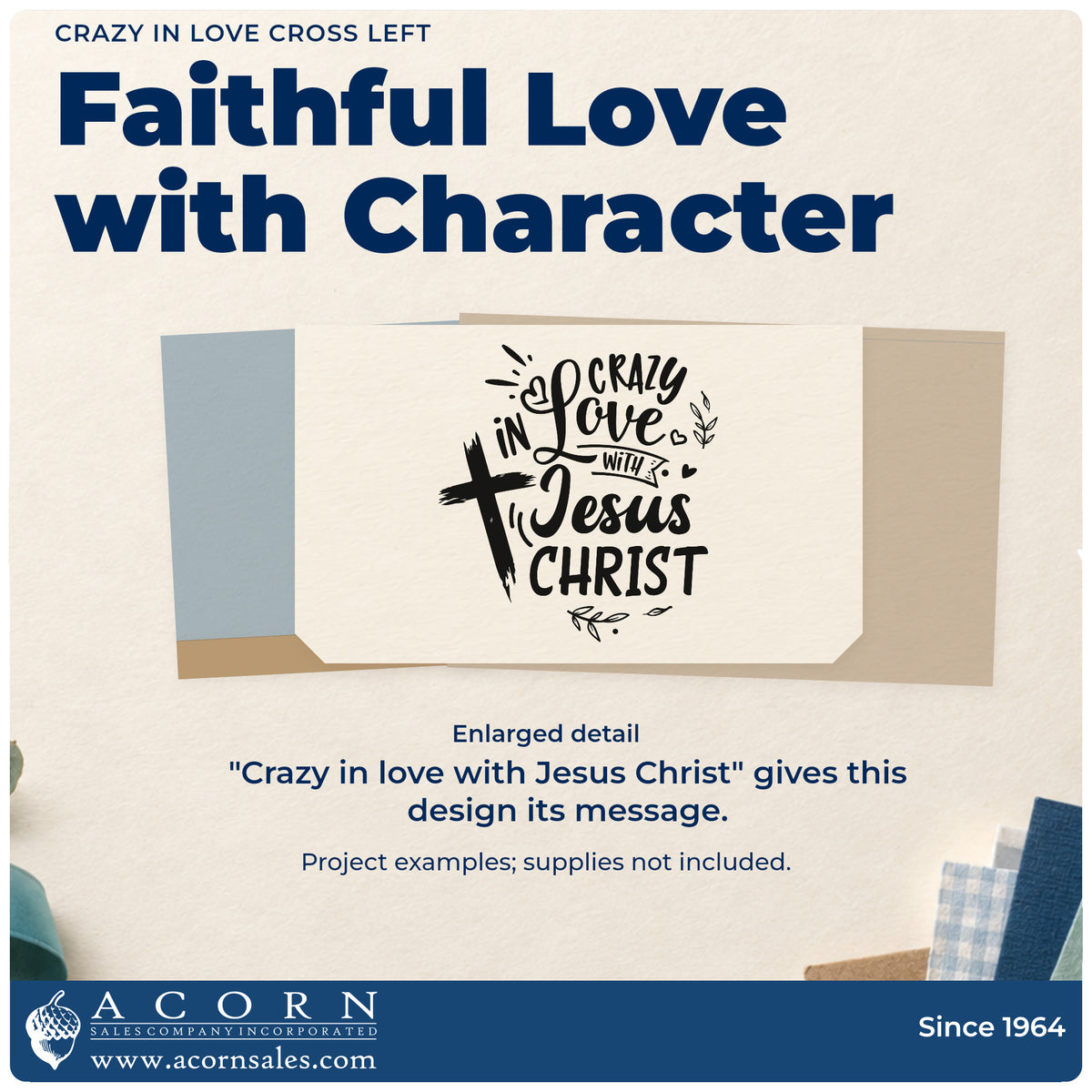 Enlarged detail of the Crazy In Love Cross Left Self-Inking Stamp imprint. A brushstroke cross at the left accompanies "Crazy in love with Jesus Christ," with hearts and leaves.