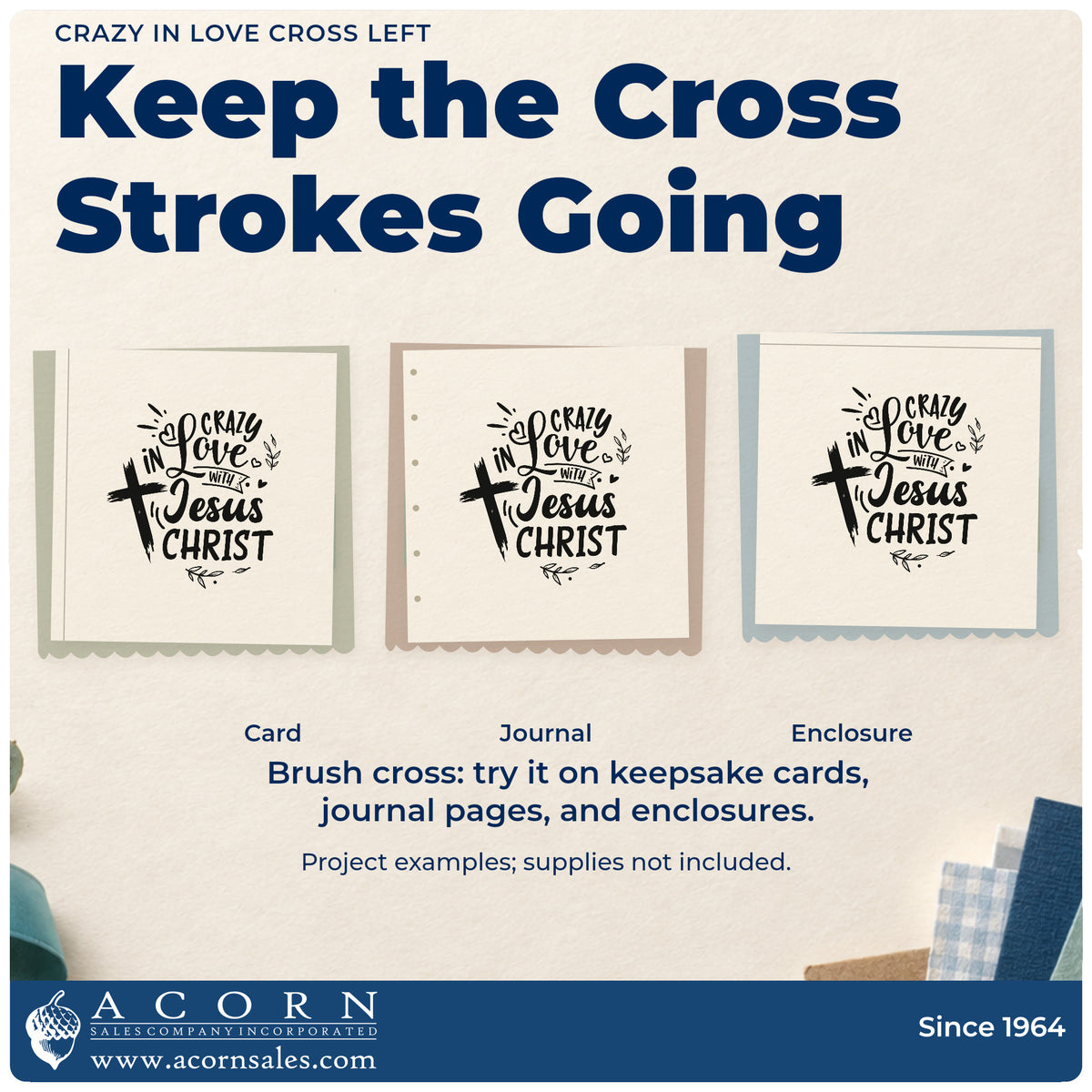 Three project examples made with the Vintage Pro Crazy In Love Cross Left Premium Wooden Stamp, including prayer card stacks.