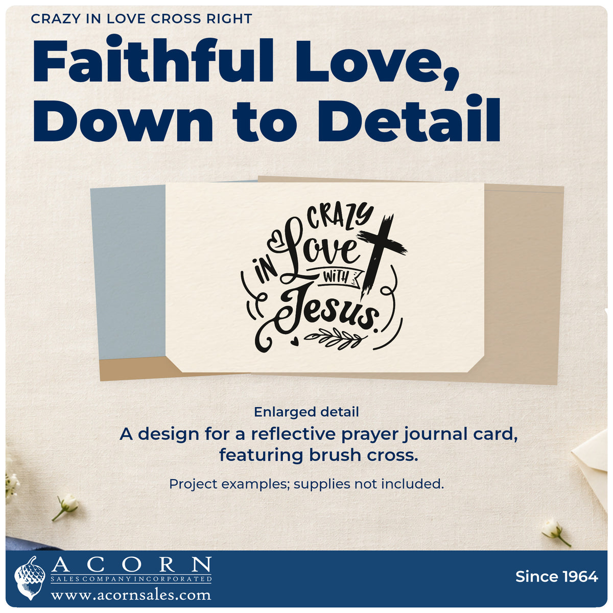 Enlarged detail of the Crazy In Love Cross Right Leaf Accents Rubber Stamp – Wood Handle imprint. A brushstroke cross at the right accompanies "Crazy in love with Jesus," with a ribbon and leafy branch.