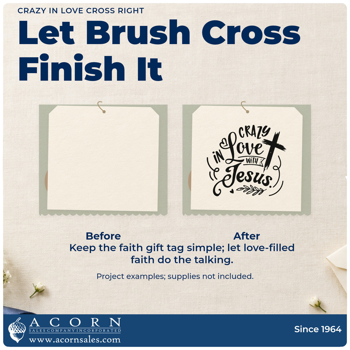 Before and after of a plain item finished with the Crazy In Love Cross Right Leaf Accents Premium Wooden Stamp - Vintage Pro, a quick upgrade for florist ribbon bands.