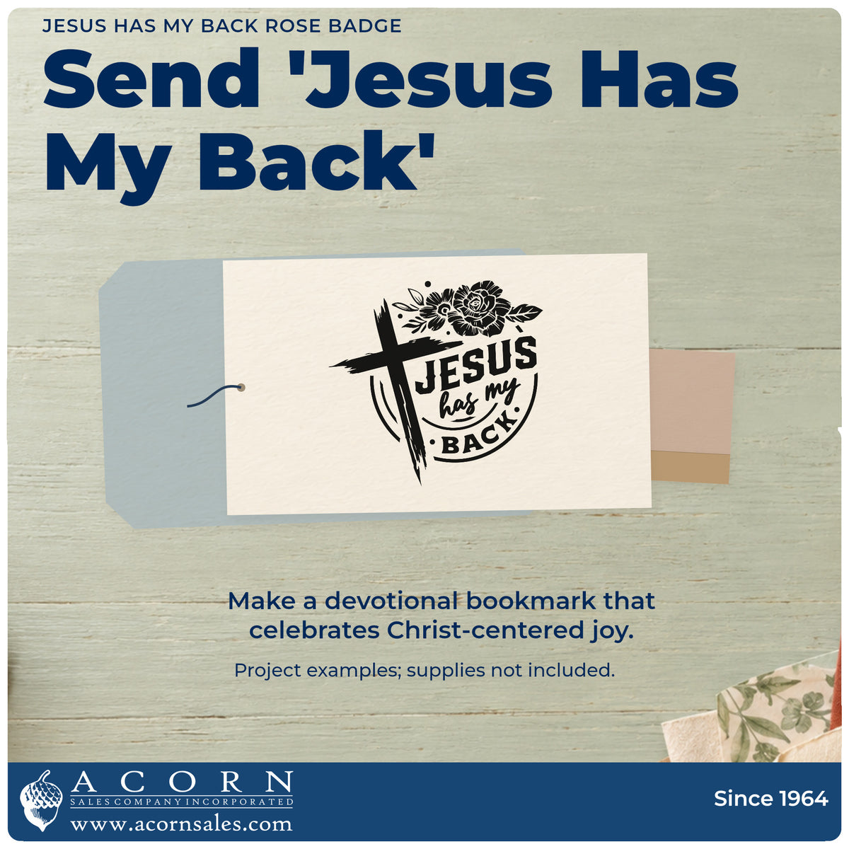 A finished handmade project stamped with the Jesus Has My Back Rose Badge Premium Wood-Mounted Stamp - Vintage Pro, ideal for cheer squad tags.