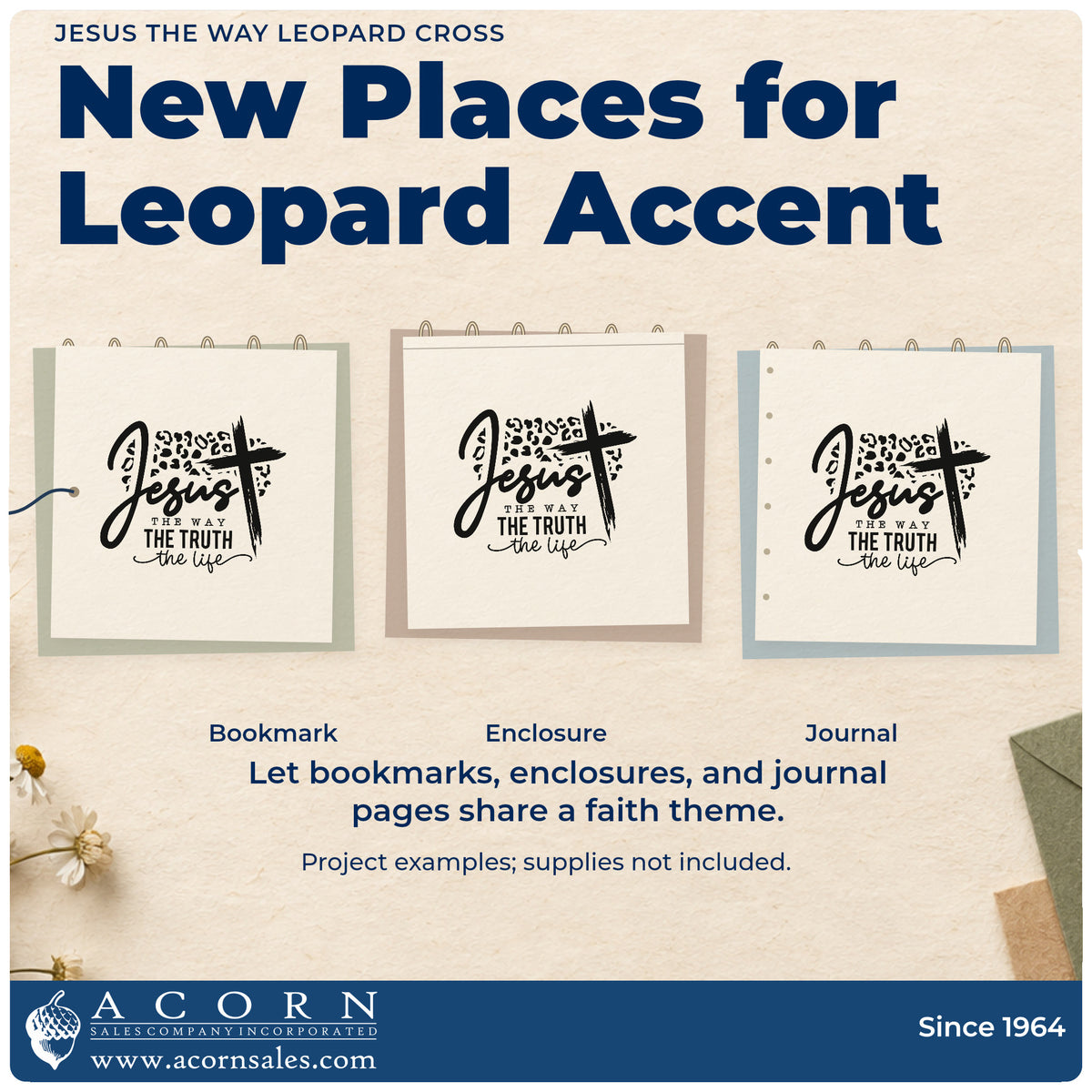 Three project examples made with the Jesus The Way Leopard Cross Rubber Stamp – Wood Handle, including confirmation gift tags.